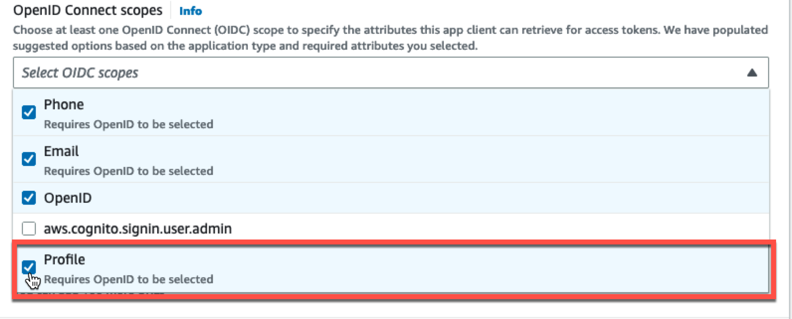 Add the OIDC Profile scope to the client configuration. 