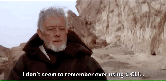 Obi-wan Kenobi from the movie Star Wars saying that he's never used a command line interface and R2-D2 responding with sad beeps.