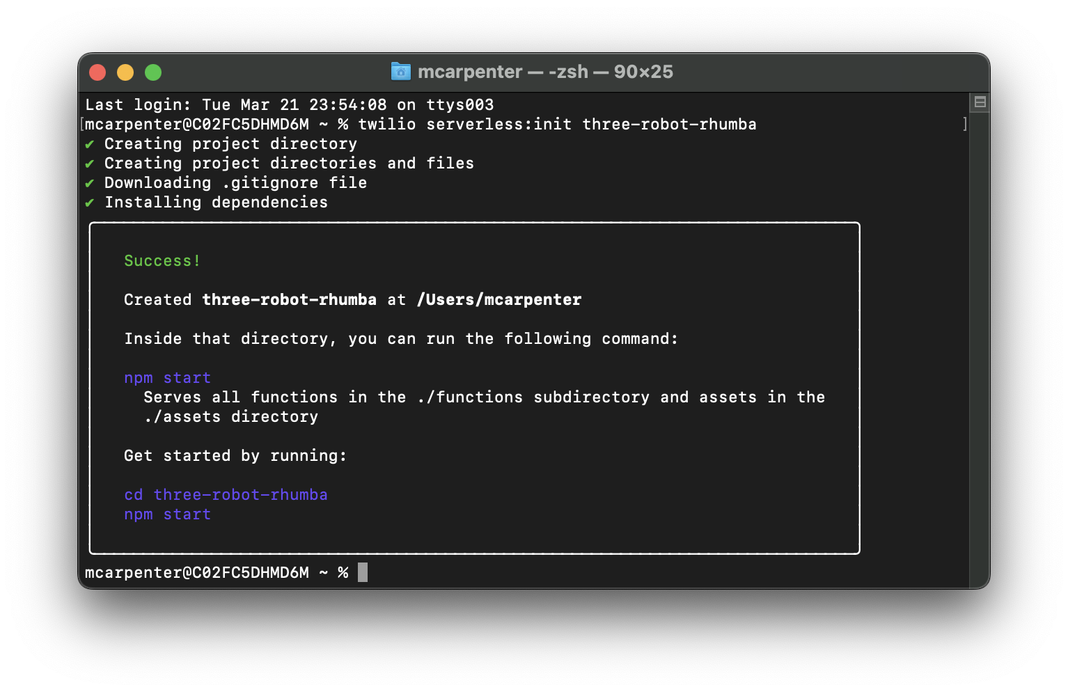 Terminal window showing the initialization of a Twilio Serverless project