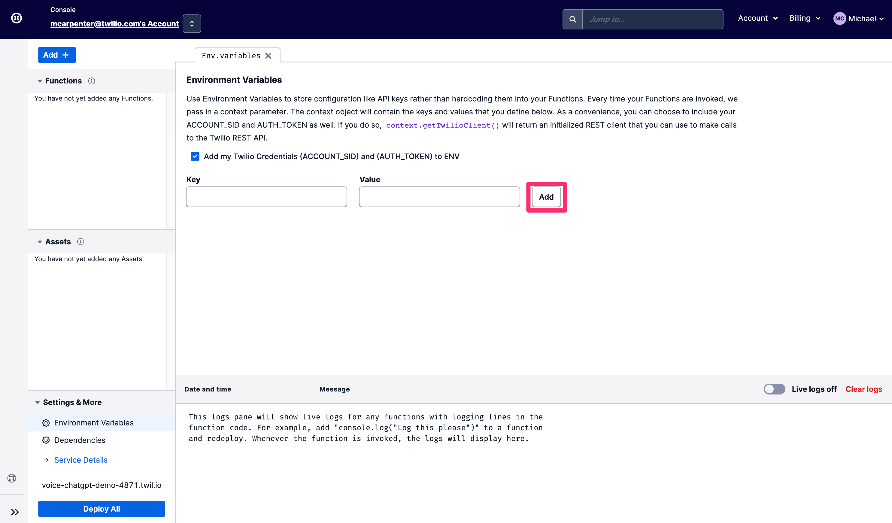 Twilio Voice ChatGPT Demo Add Environment Variables