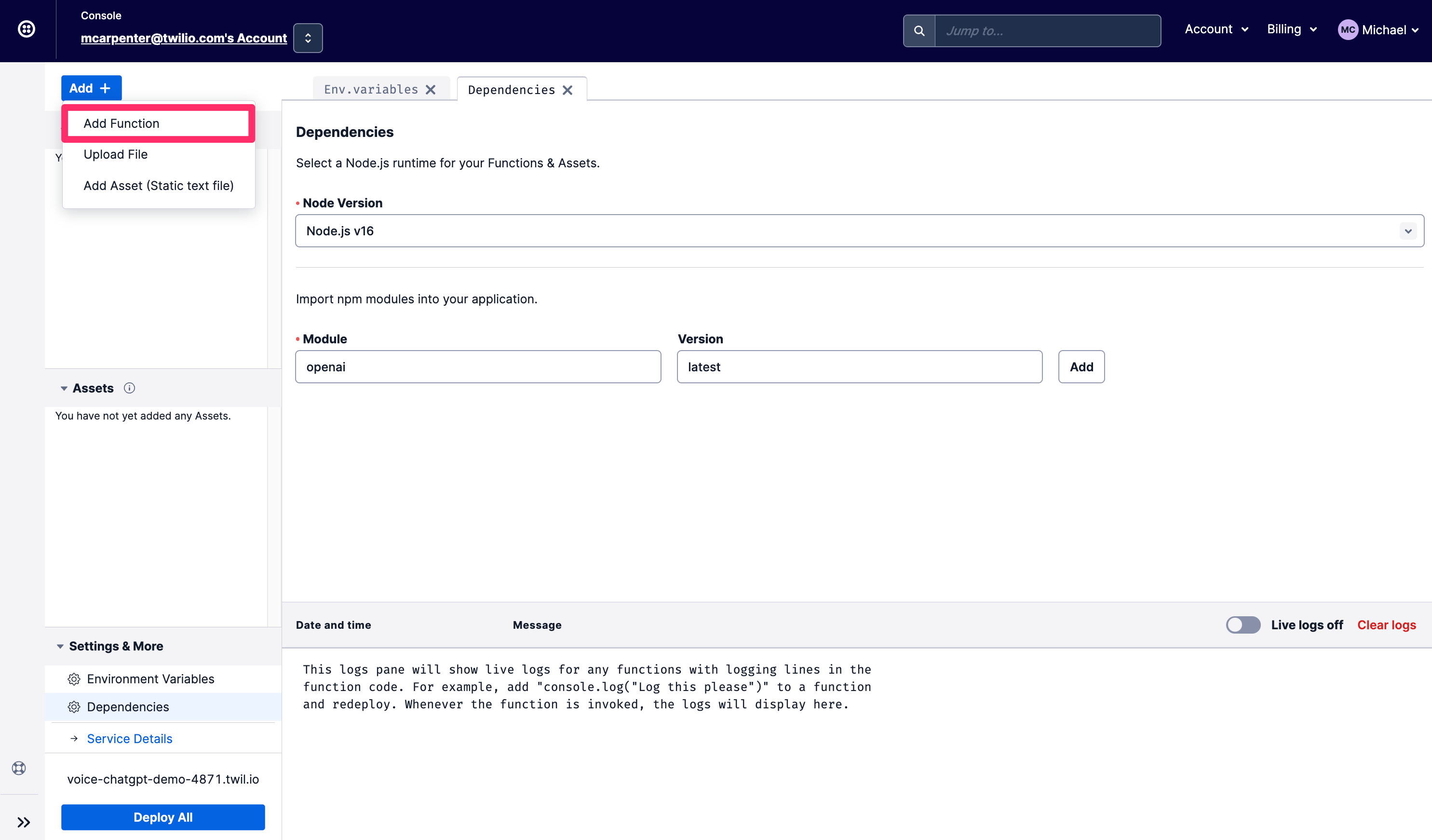 Demonstração do Twilio Voice ChatGPT Adicionar função
