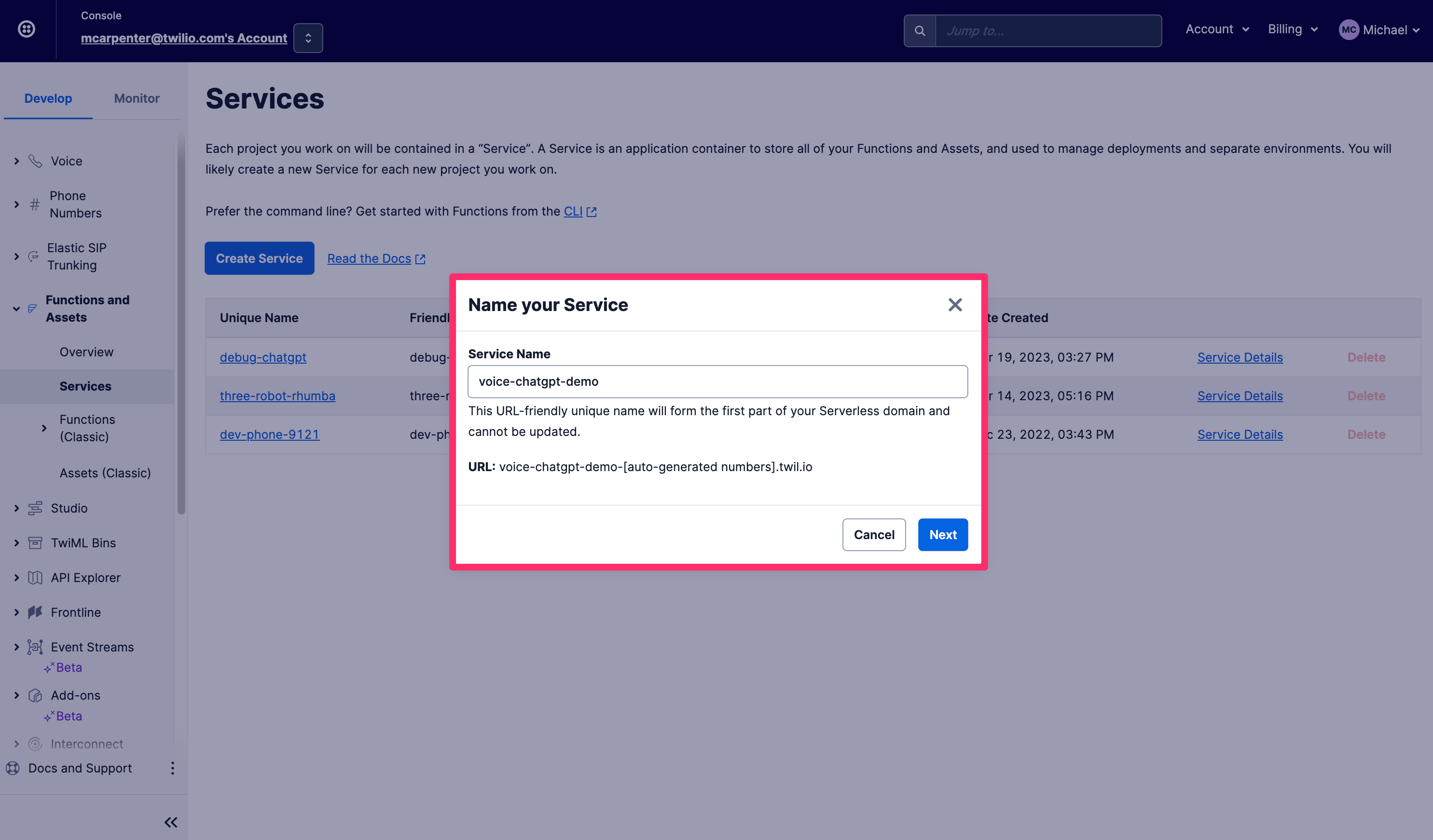 Demonstração do Twilio Voice ChatGPT Nomear serviço