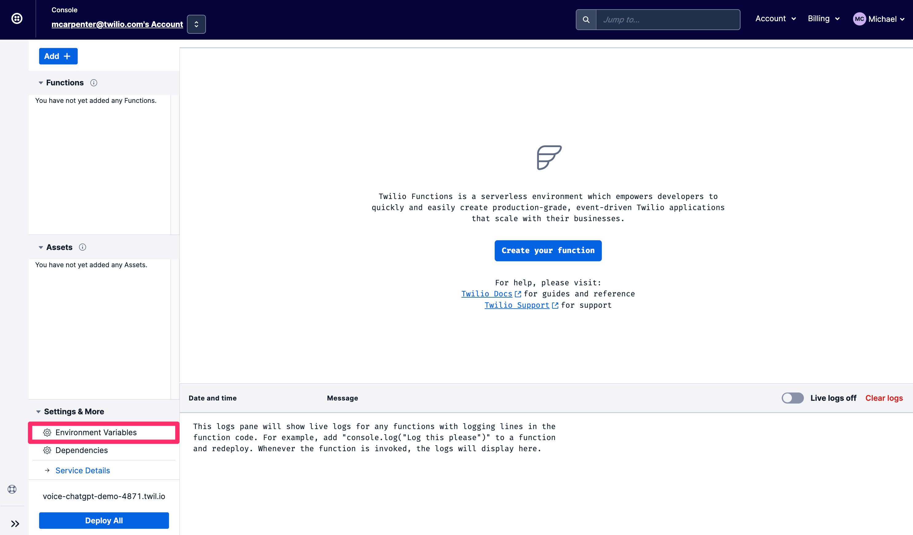 Twilio Voice ChatGPT Demo Service Config