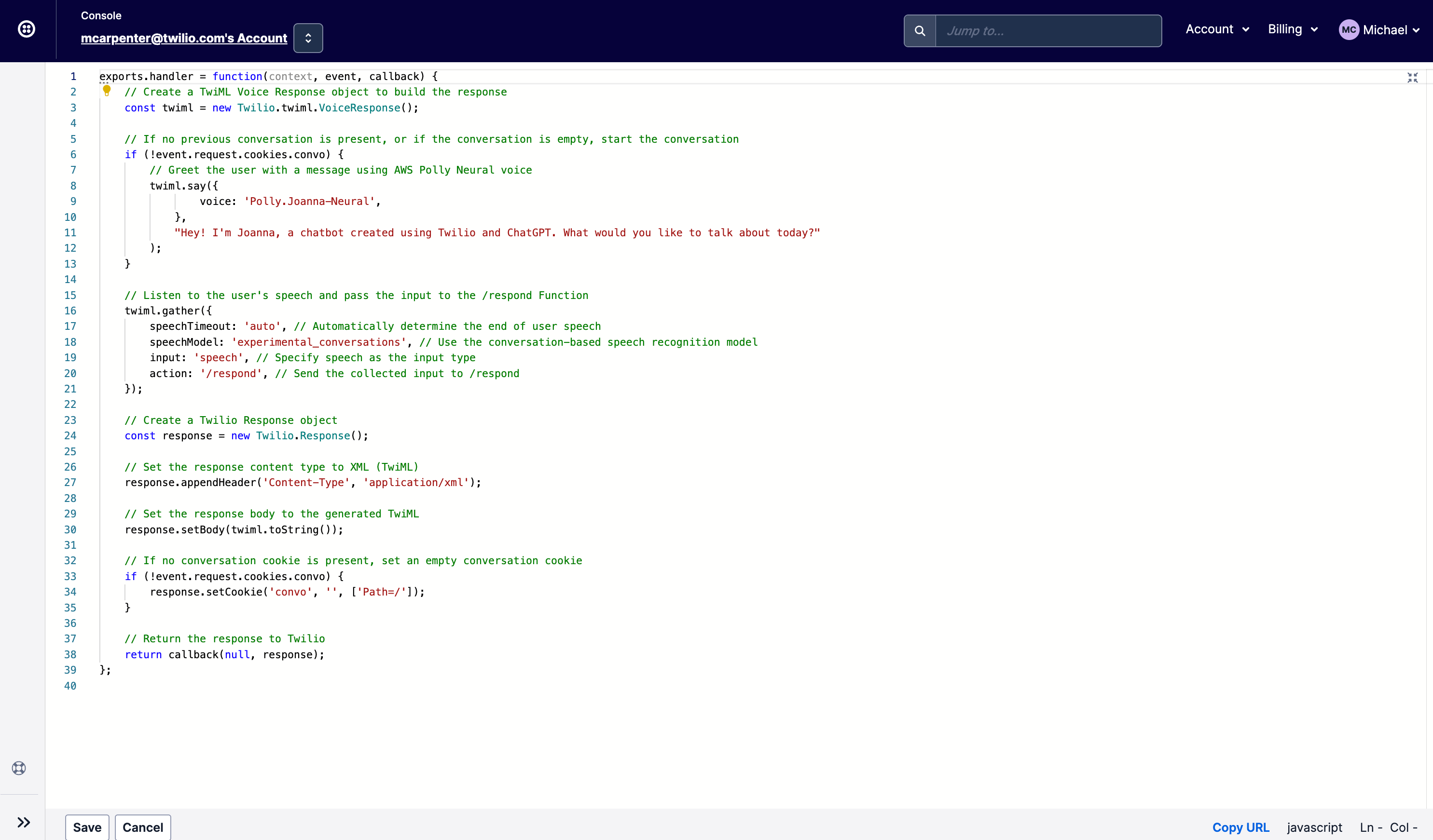 Demonstração do Twilio Voice ChatGPT Transcrever função