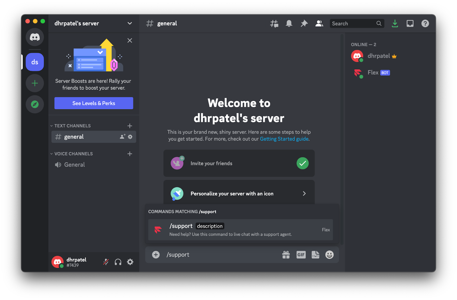 Discord app with /support command shown near textbox