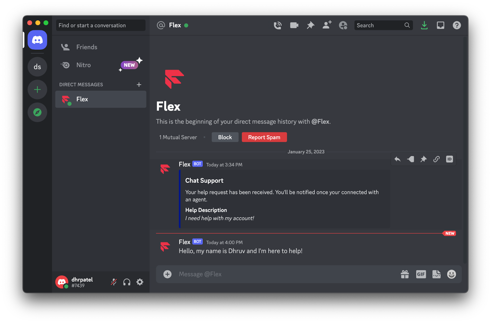 Discord direct message showing chat with Discord bot