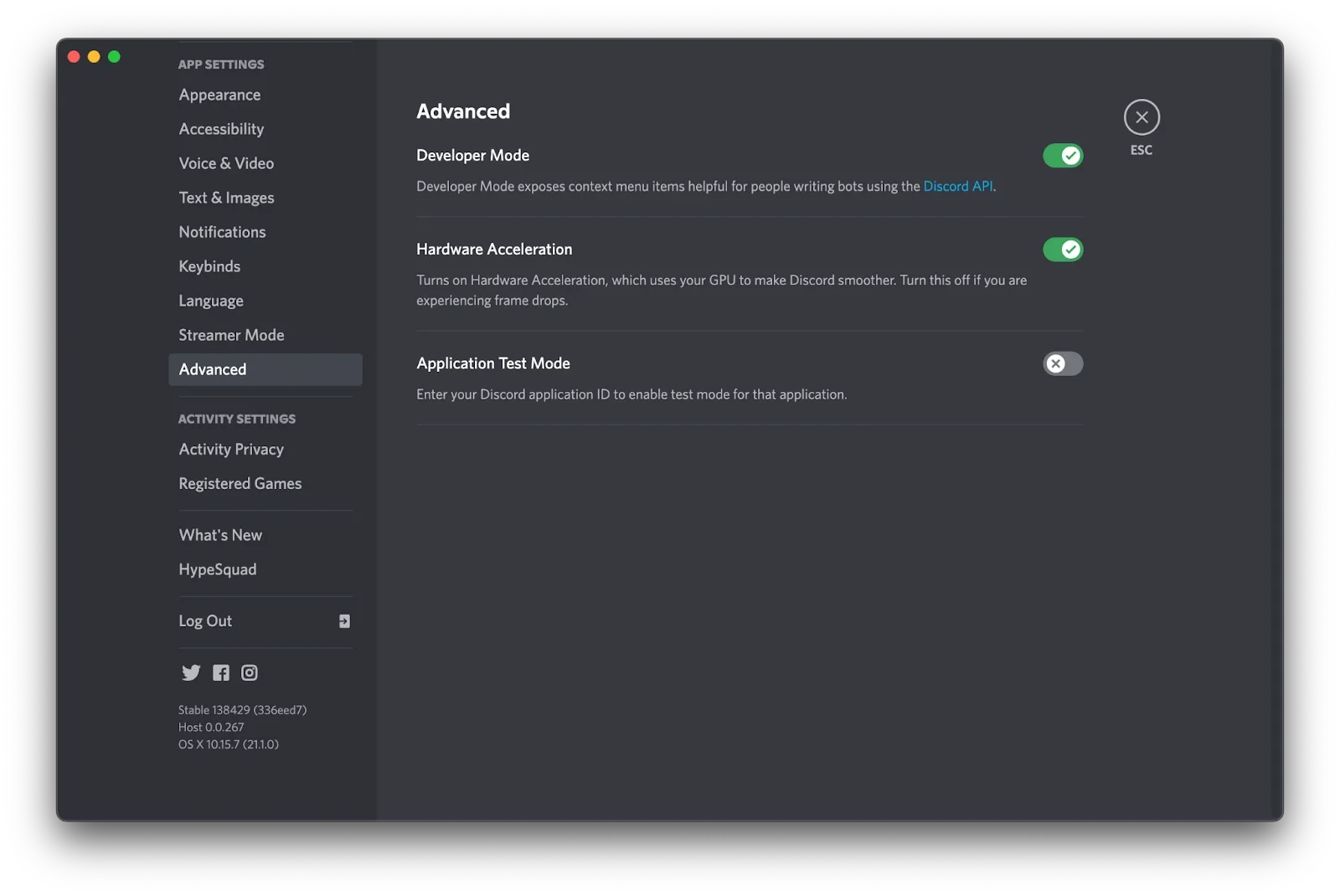 app settings menu on discord with developer mode enabled