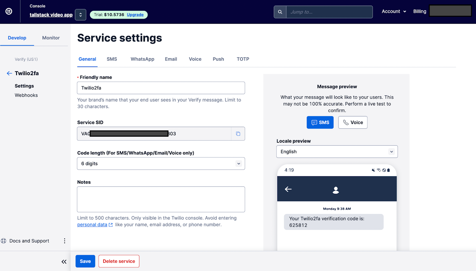 A Twilio Verify Service"s Settings