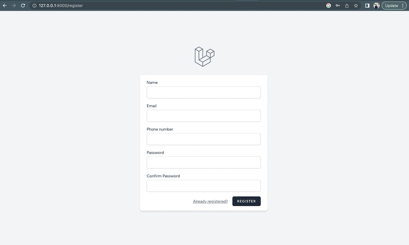 The Laravel registration form