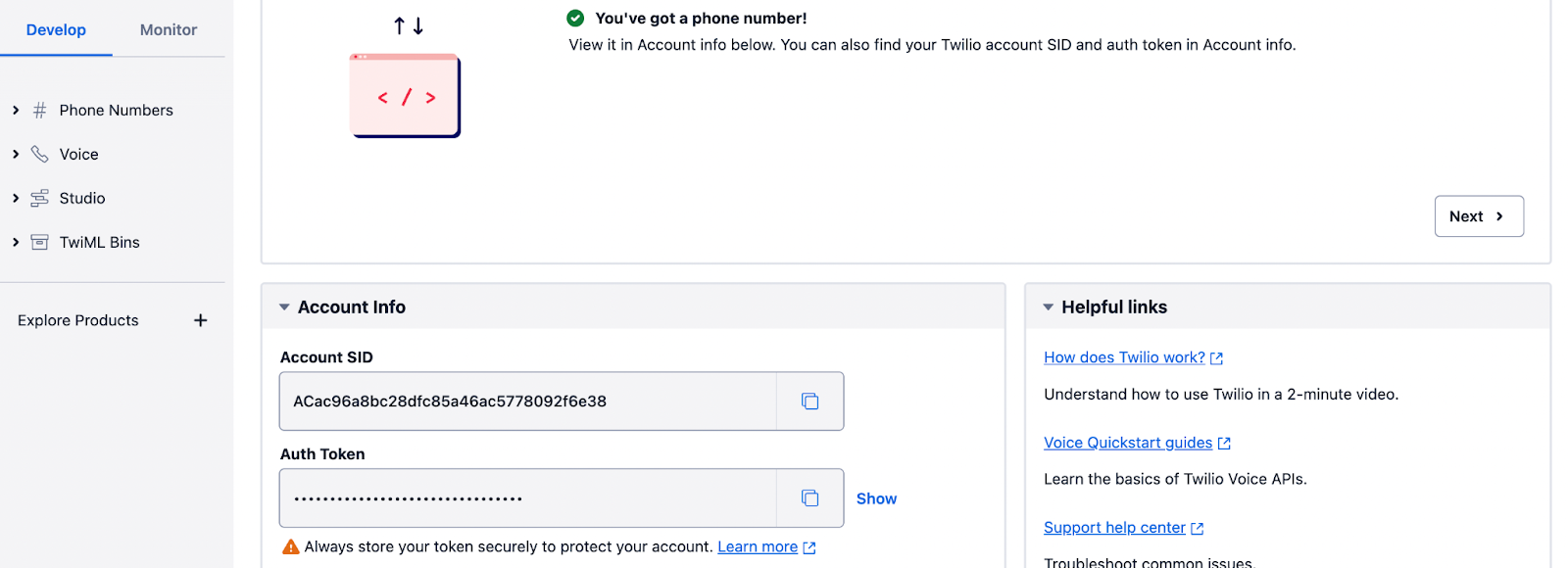 The Twilio Account Info panel