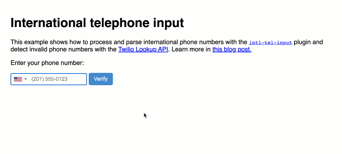 gif showing international telephone input plugin transforming a valid number to E.164 format and detecting an invalid number