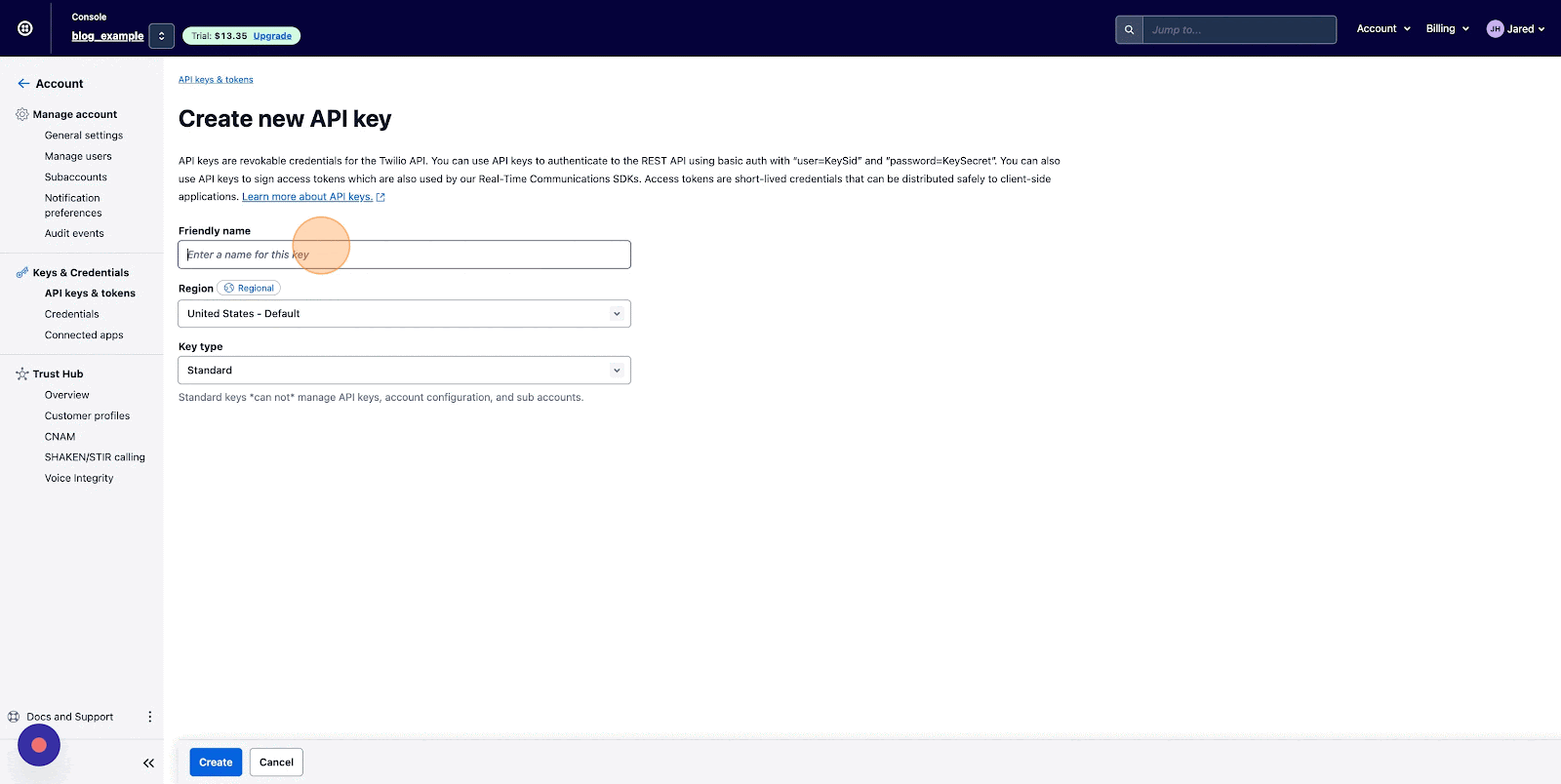 Screenshot of how to give the API key a friendly name and then clicking "create."