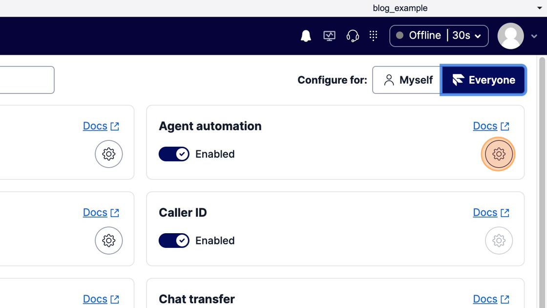 Screenshot of: Click on the gear icon for any feature to tweak configuration. Each feature has its own set of configuration details. You can also just enable or disable each feature you want.