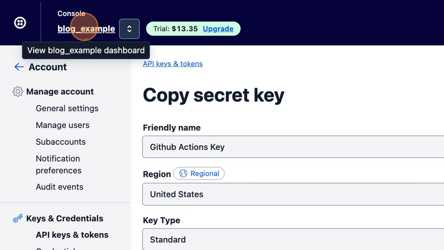 Screenshot of: Copy the API key "SID" and "Secret" and temporarily store in a safe place.Navigate over to the account landing page by clicking on the account name on the top left of the twilio console page, then copy the "Account SID" and temporarily store it in a safe place to be used in the following steps