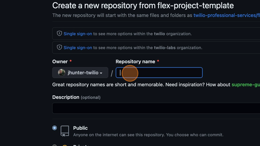 Screenshot of: Click the "Repository name" field and give your repository a name, "acme_flex_customizations" might be one example. I"ll use blog_example again