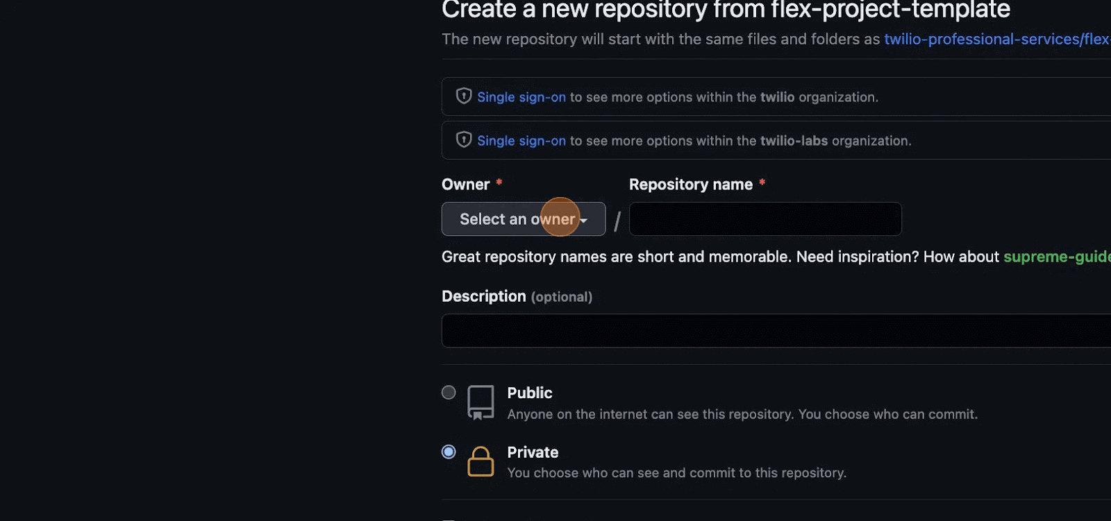 A screenshot of the "select an owner" in step in GitHub.