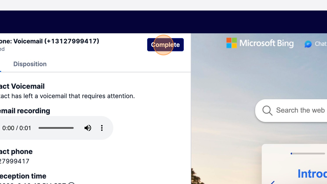 Screenshot of: Click "Complete" on the callback or voicemail task to complete that task
