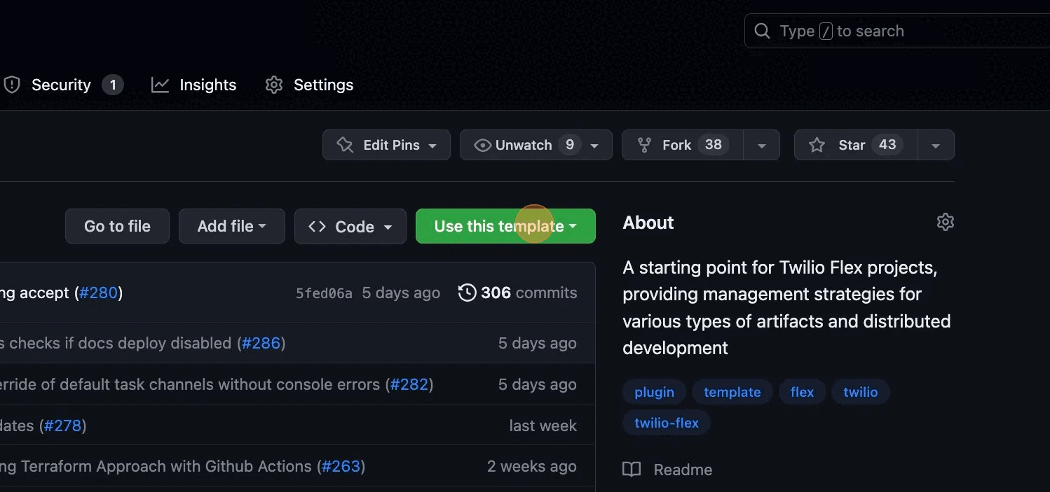 A gif of the the flex-project-template in github. The use this template is a green button which, once selected, shows a blue button that says "Create a new repository."