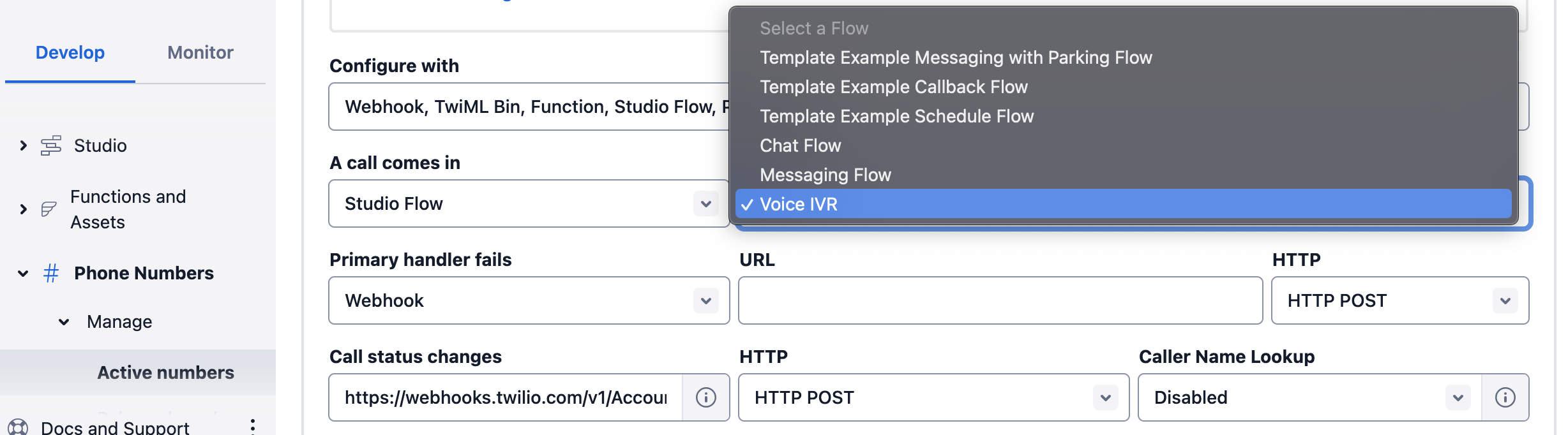 A screenshot showing how to select the Template Example Callback Flow.