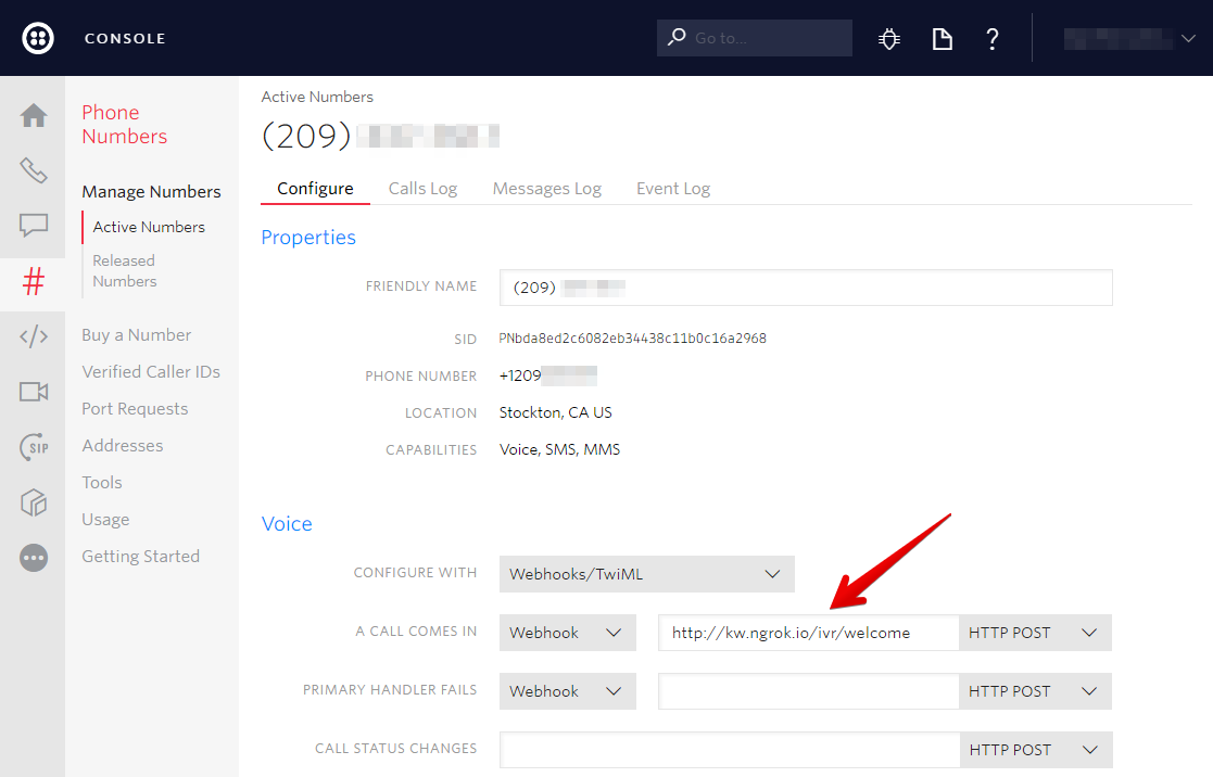 active numbers dashboard on the twilio console 