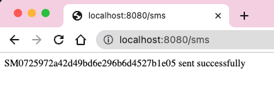 message SID printed out on localhost:8080/sms route