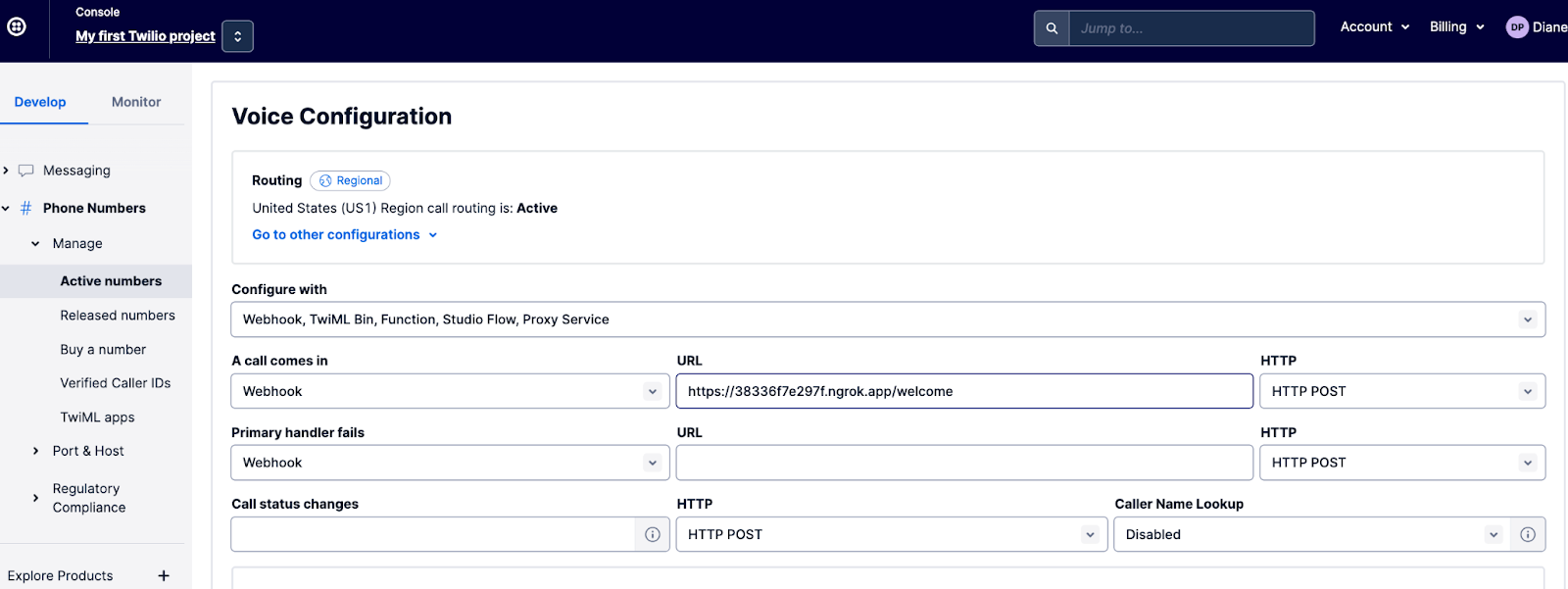 active numbers dashboard on the twilio console 