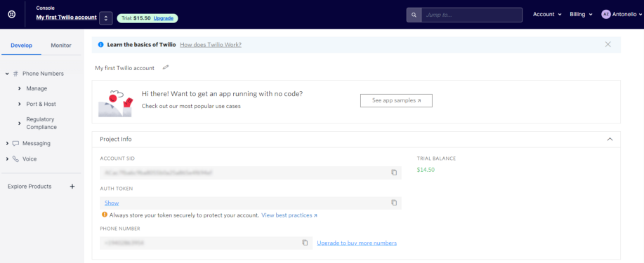 A view of the Twilio Console after setting up a phone number