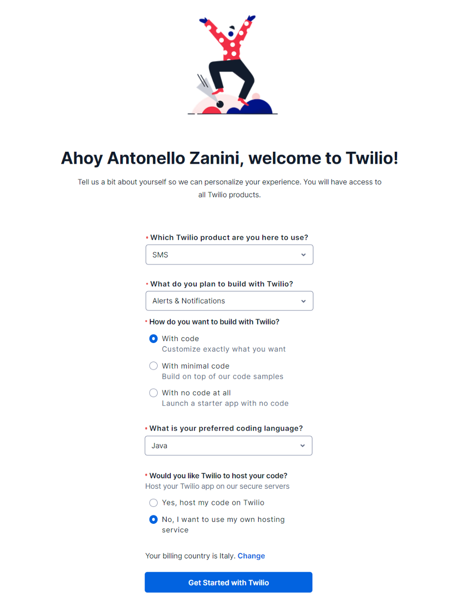 The last form before getting started with Twilio