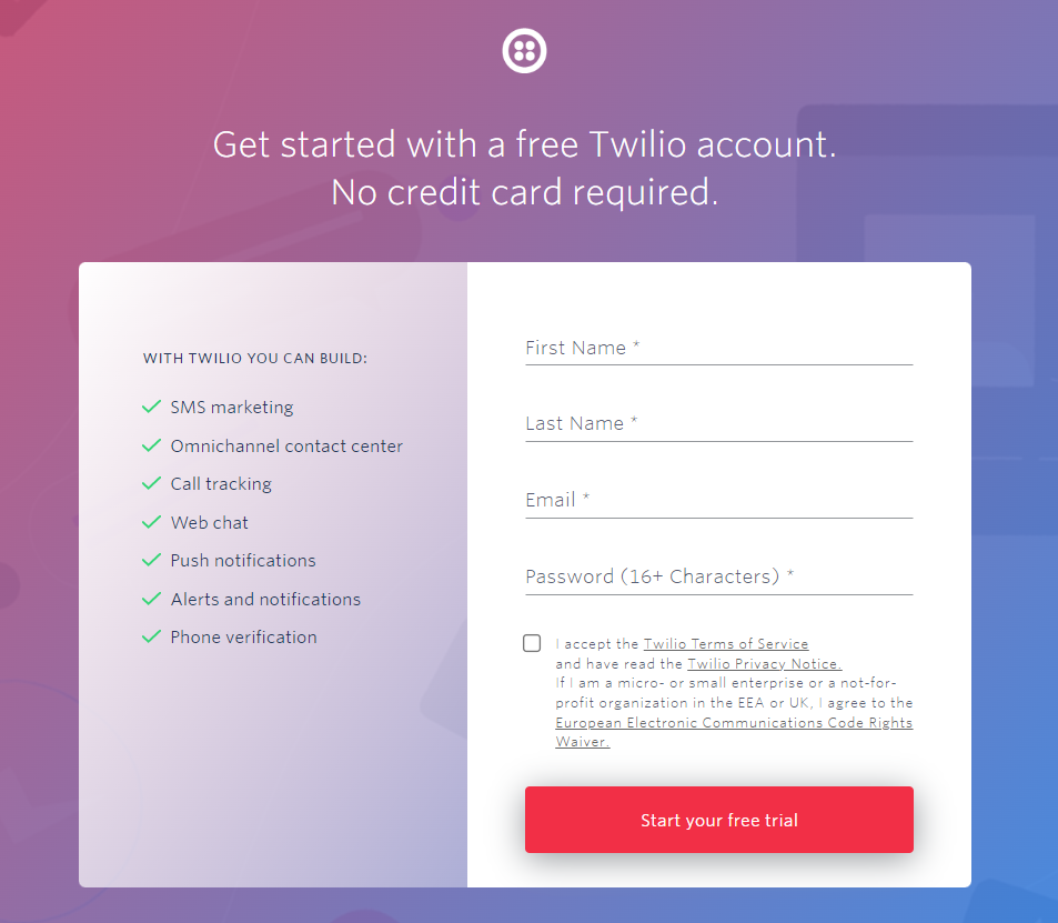 The Twilio sign-up form