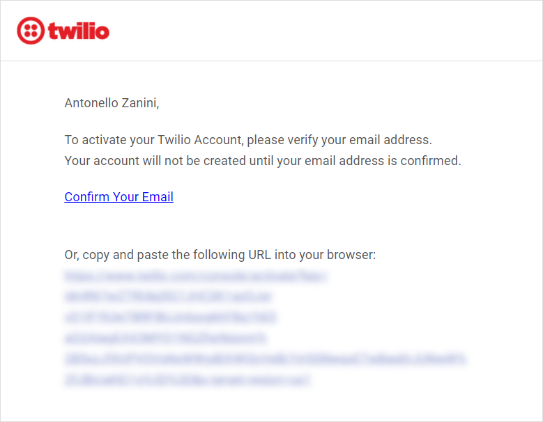 The Twilio email address confirmation email
