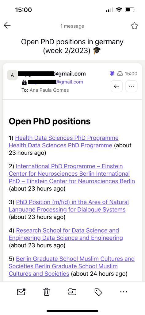 Email generated by the script with open PhD positions in Germany