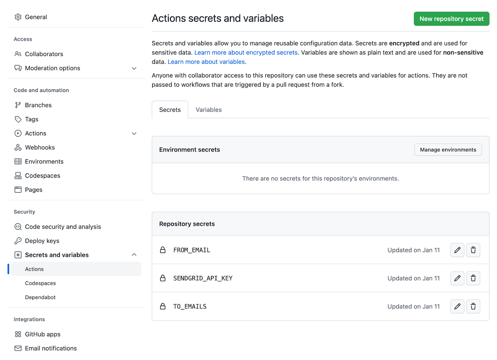 GitHub Action secrets and variables screen