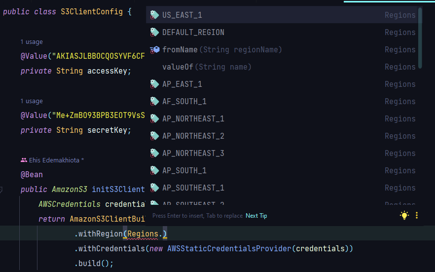 AWS Availability Regions as auto-suggested by IntelliJ IDEA