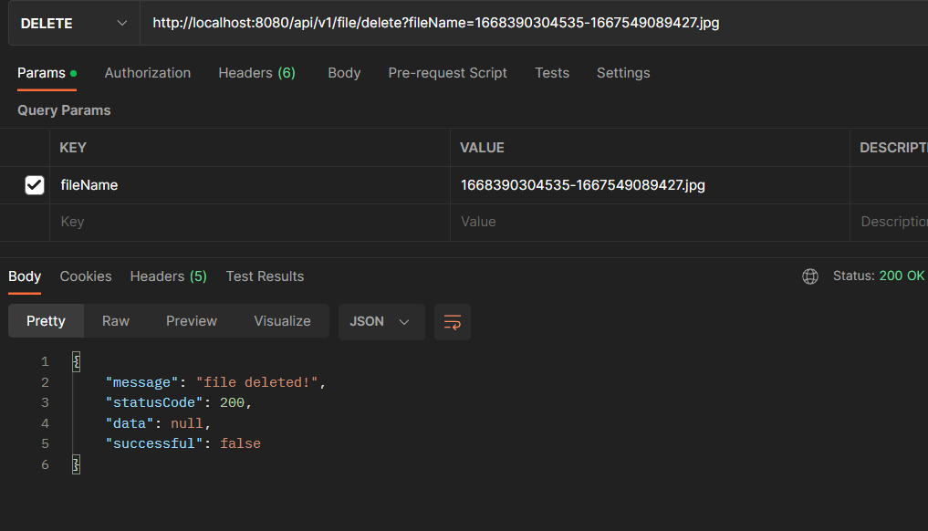 Deleting a file from Project root directory on Postman
