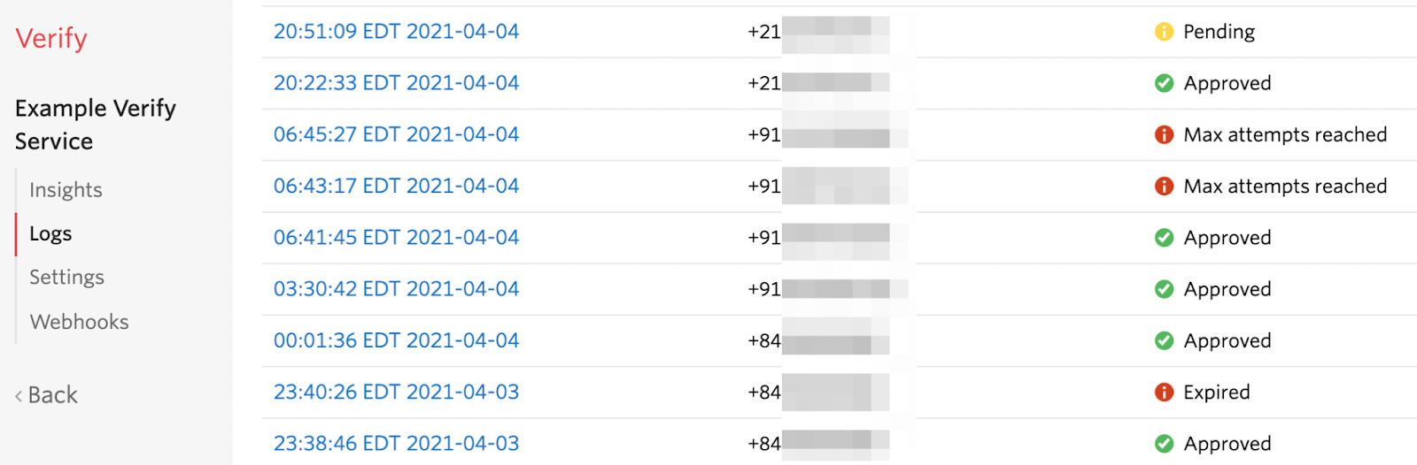 Logs showing verification attempt statuses like pending, approved, and max attempts reached