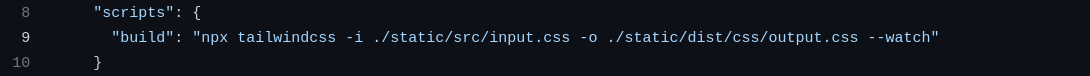 Displays a script named "build" within a package.json file for starting the Tailwind CSS build process.