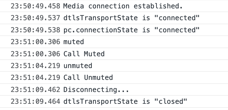 Twilio Voice SDK console logs with muting and unmuting