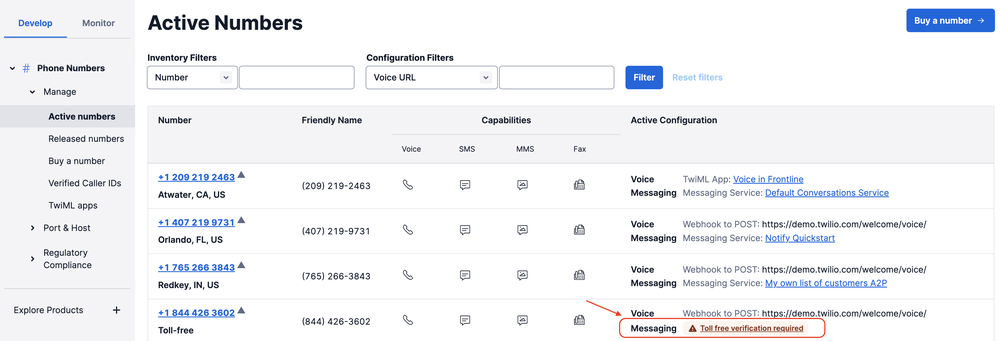 Active phone numbers in Twilio Console