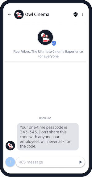A screenshot of an RCS message from Owl Cinema with a one-time passcode