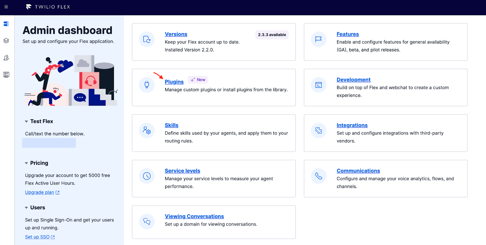 An image of the admin dashboard in the Twilio Flex UI with a red arrow point at "Plugins."