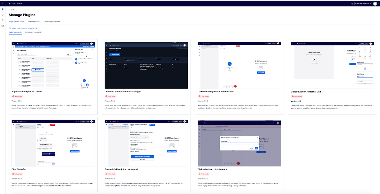 An image of the Twilio Plugin Library in the Twilio Flex UI showing the Twilio Plugins.