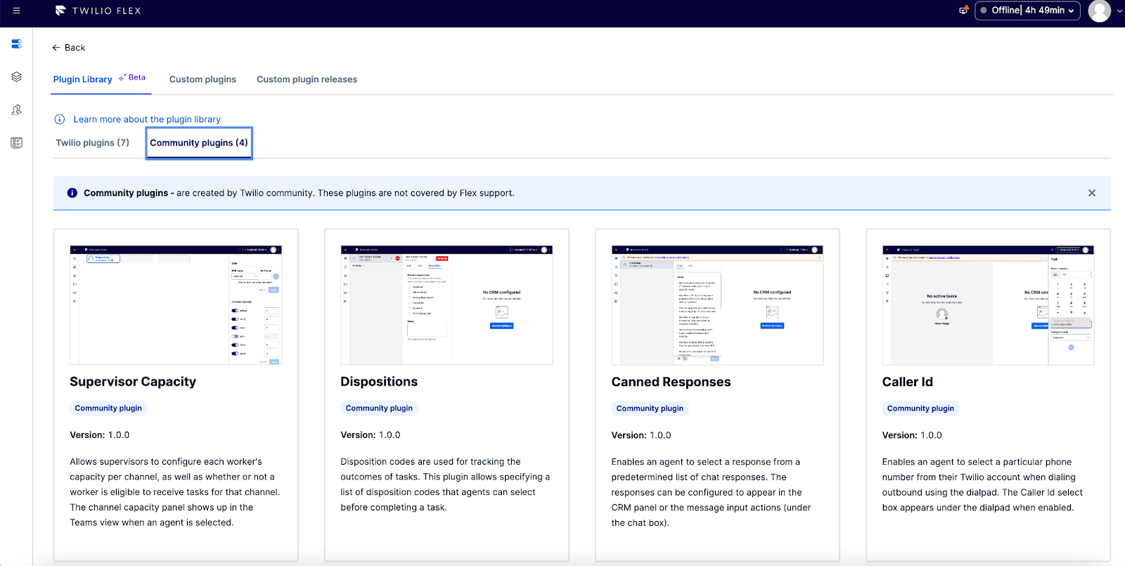 An image of the Twilio Plugin Library, showing the community plugins tab.