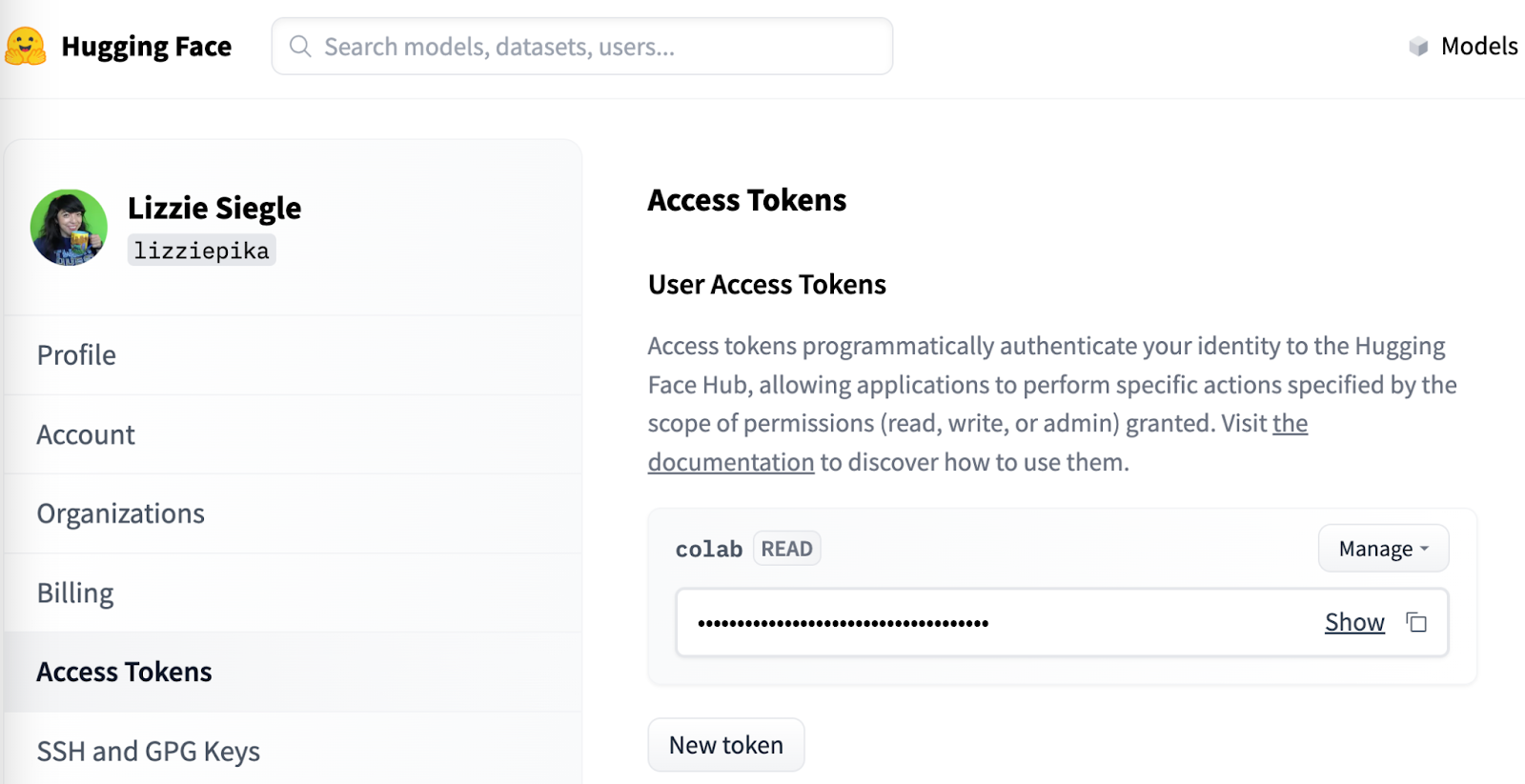 hugging face hug webpage to get access token