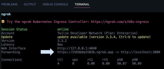 ngrok terminal with forwarding URL