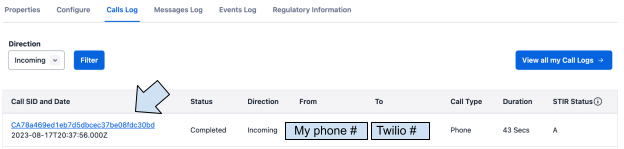 arrow pointing to Call SID showing the call recording in the Twilio console