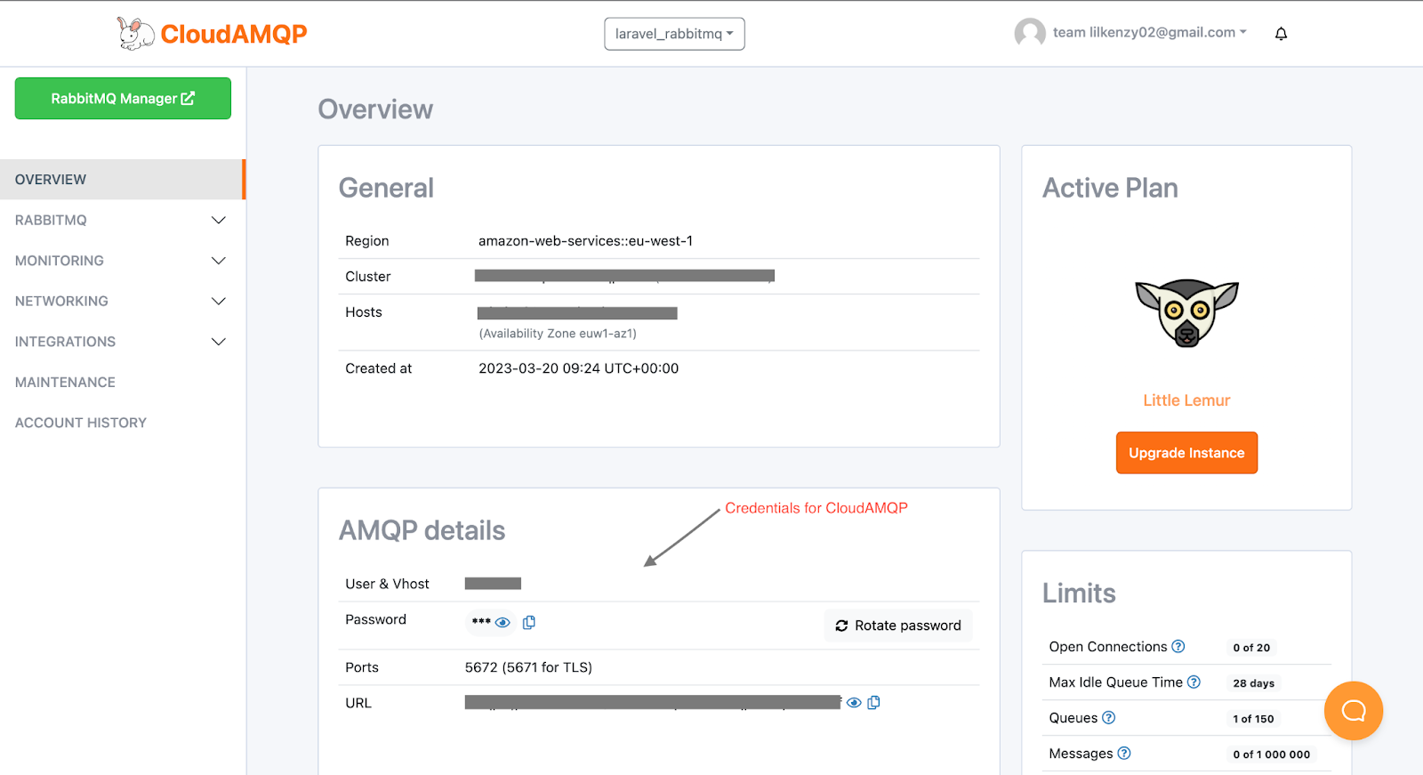 View a CloudAMQP instance&#x27;s details with some redacted.