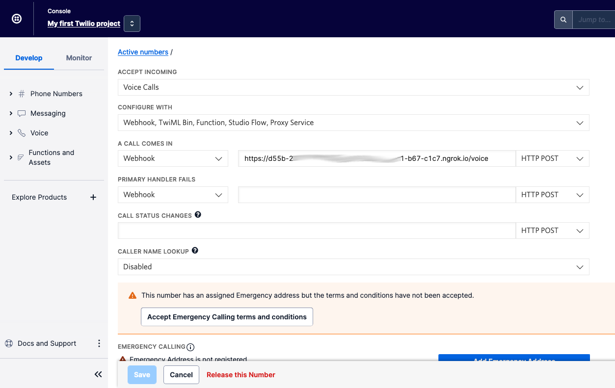 The voice form on the Twilio phone number configuration page. Under the label "A CALL COMES IN", there's a dropdown set to "Webhook", with a text field next to it, set to the public webhook URL, with another dropdown next to it, which is set to "HTTP POST".