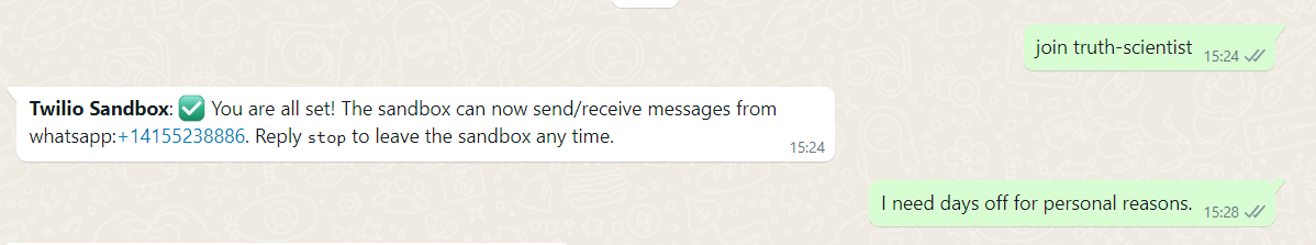 Sending a message on WhatsApp with the text "I need days off for personal reasons."