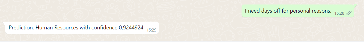 Received message "Prediction: Human Resources with confidence 0.9244924" for user-submitted text "I need days off for personal reasons."