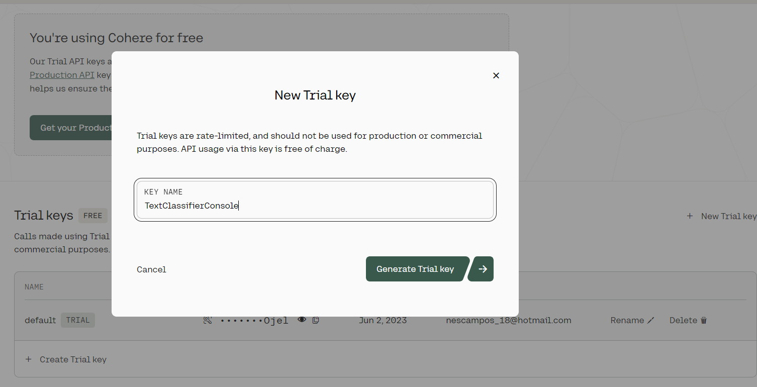 Modal window for creating a new trial key, with the name "TextClassifierConsole"
